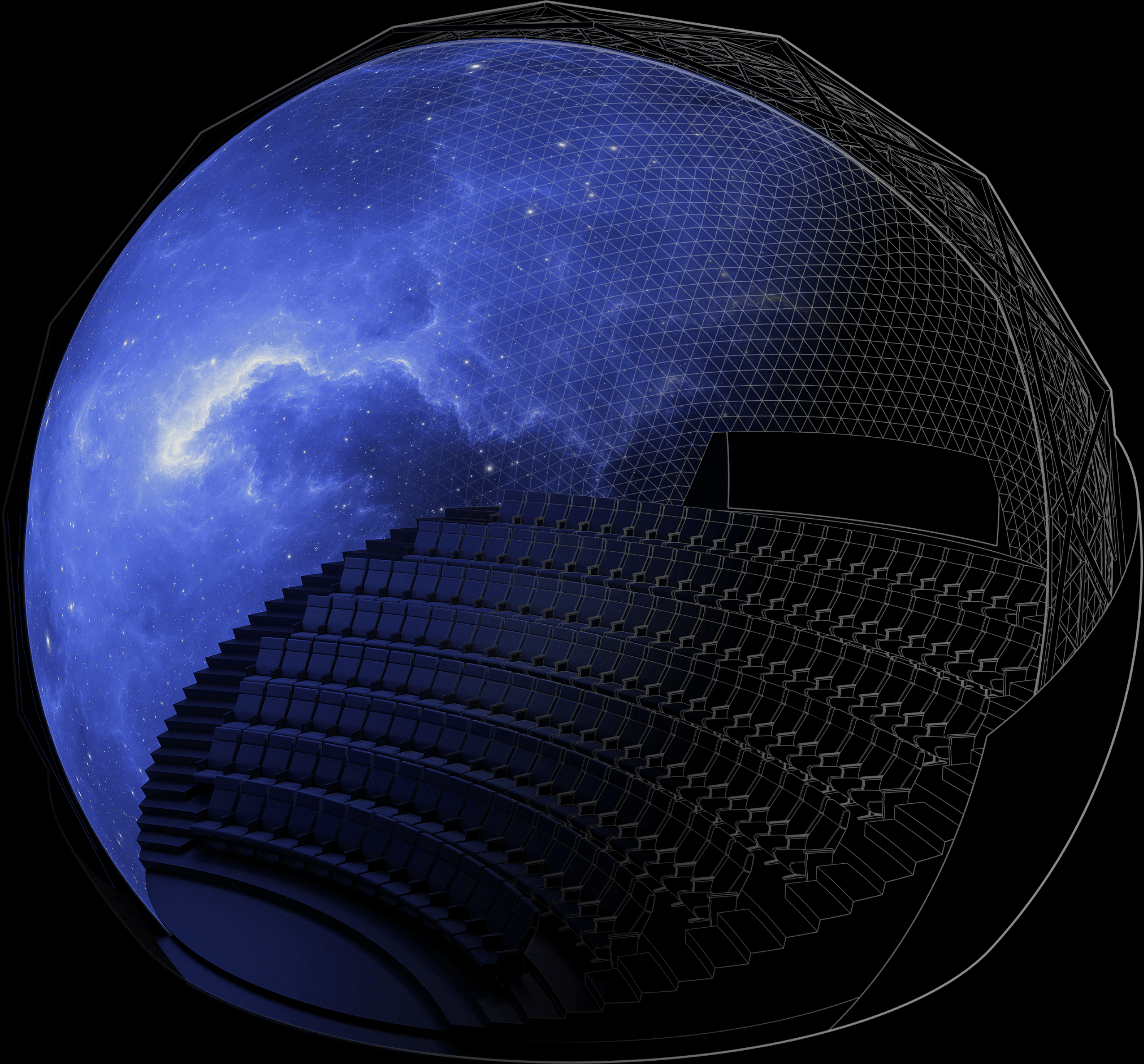 Outline of a spherical SFERiX LED cinema with seating inside the dome
